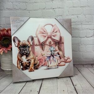 NWT ELICO LTD Hand-Painted Canvas frenchie French Bulldog and Pink Accessories